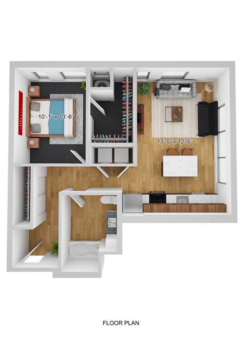 Floor plan for 1 bed, 1 bath, 804 sqft